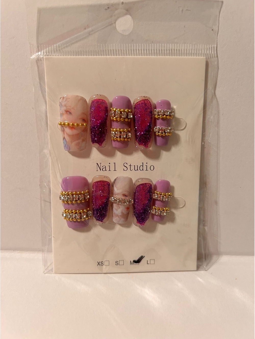 Decorative Press-On Nail Set with Purple Glitter and Rhinestones